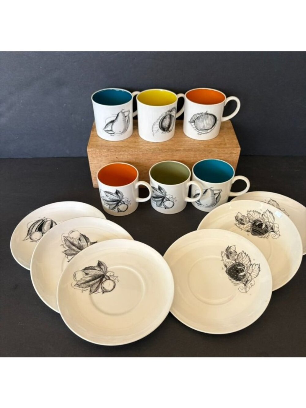 Susie Cooper Wedgwood Black Fruit Demitasse Set Multicolor 1959